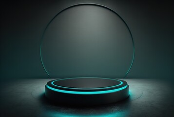 Stage for product display presentation with cyberpunk, tech pedestal. Futuristic showcase with a blue neon lighting 