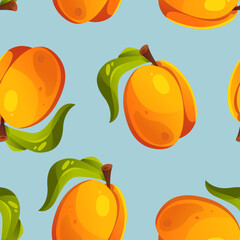 Apricot seamless pattern. Summer tropical endless background. Illustration in cartoon style. Fruit vector design for label, fabric, packaging.