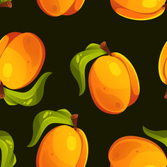 Seamless pattern of whole apricot with leaves on black background. Summer tropical endless background. Illustration in cartoon style. Fruit vector design for label, fabric, packaging.