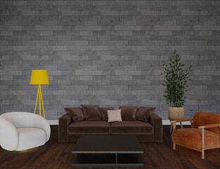 Living interior with sofa front of the grey brick wall