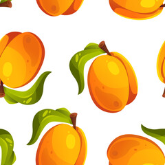 Apricot fruits, leaves. Vector cartoon seamless pattern on a white background.