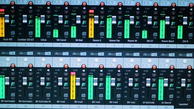 A computer screen showing the user interface of the DAW Digital Audio Workstation software while a piece of music is playing. The user interface of the program for editing and recording music.