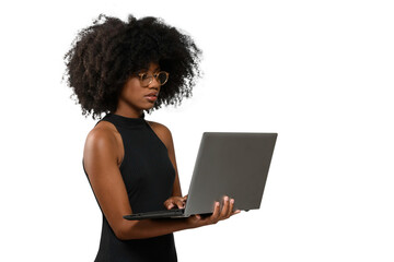 Obraz na płótnie Canvas woman holding laptop computer typing on keyboard looking at laptop screen, black woman