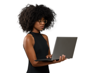 woman holding laptop computer typing on keyboard looking at laptop screen, black woman