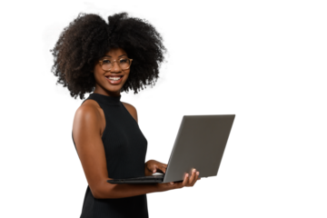 woman holding laptop computer typing on keyboard looking at camera, black woman