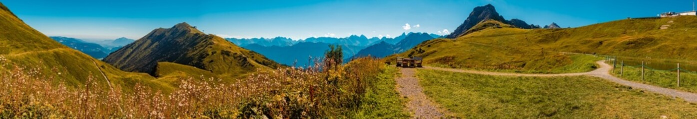 High resolution stitched panorama at the famous Kanzelwand summit, Riezlern, Kleinwalsertal valley, Vorarlberg, Austria