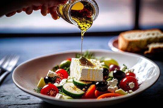 View of a hand pouring olive oil into a white dish holding a fresh salad with feta cheese, tomatoes, and cucumbers. Generative AI