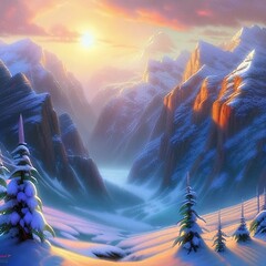 Scenic view of an imaginary mountain range, fantasy syle, soft light, created with Generative Ai