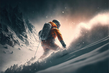 Obraz na płótnie Canvas Winter ski extreme. Skier in the mountains.