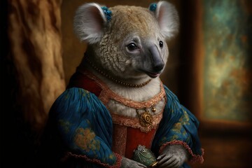 Created with Generative AI technology. portrait of a koala in renaissance clothing