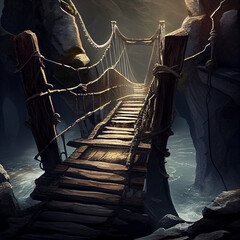 Old wooden bridge in a foggy fantasy landscape - generative ai