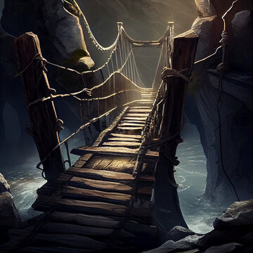 Old wooden bridge in a foggy fantasy landscape - generative ai