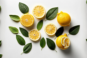 Ripe lemons in a composition on a white backdrop. Generative AI