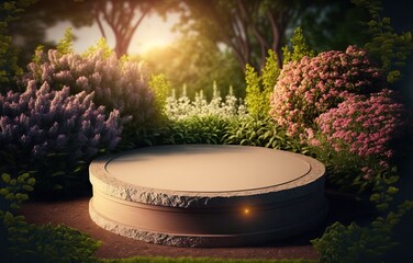 A pedestal for displaying products in a beautiful garden with bushes of blooming flowers. Empty podium in a natural showcase