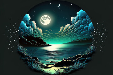 Obraz na płótnie Canvas Moon, stars, and clouds illuminate a seascape at night. Generative AI