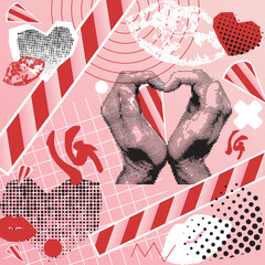 Love collage vector illustration. Trendy textured geometric bright bold red and white shapes set on pink background. Doodle elements on holiday poster. - obrazy, fototapety, plakaty
