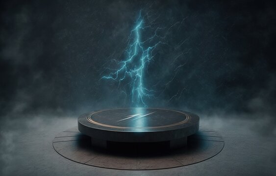 Cyberpunk lightning and rain pedestal for waterproof tech products display presentation. Neon blue showcase