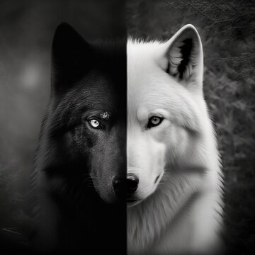 portrait of a wolf - black and white wolves in one photo, yin yang  - Generative AI