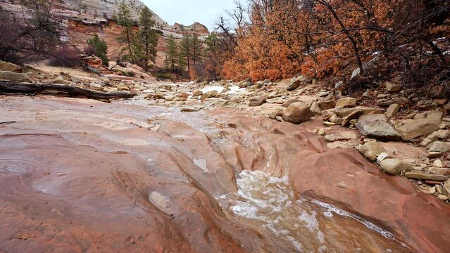 Water trickling down through wash in Zion National Park during the winter season.