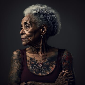 Portrait Of An Old Woman With Tattoos, Style - Generative AI