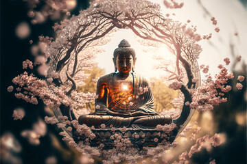 Buddha statue with cherry blossom. Mediation and zen concept. Designed using generative ai. 