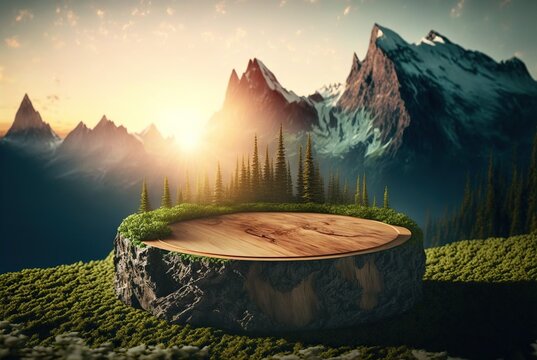 A wooden stump as a pedestal for displaying camping goods. Showcase in the mountains landscape with a fir trees