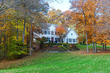 private two-storey house among autumn trees. Large manicured lawn and landscaping.