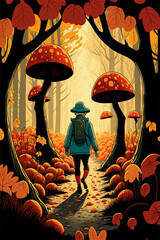 Cartoon Mushroom Man walking through the forest on the trail
Generative ai