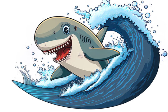 recommend clip art: On a white background, a cute shark is surfing. Generative AI