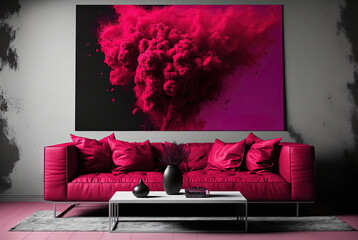 living room interior on Trendy Pantone 18-1750 viva magenta color., monochrome background. Color of the year 2023. - obrazy, fototapety, plakaty