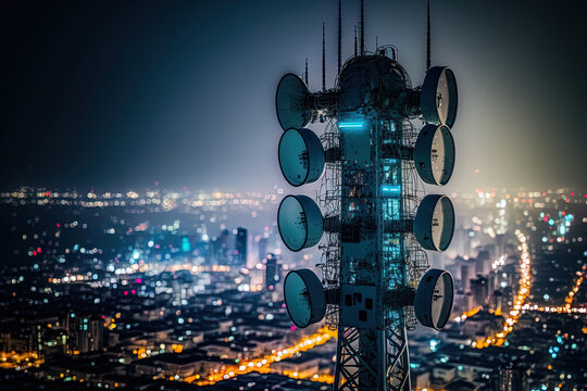Antenna for the 5G cellular network atop a communications tower in a nighttime metropolis. Generative AI