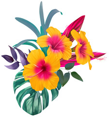 Tropical summer flower bouquet on white background

