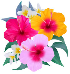 Tropical summer flower bouquet on white background
