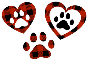 A set of paw prints and hearts in lumberjack plaid pattern
 - obrazy, fototapety, plakaty