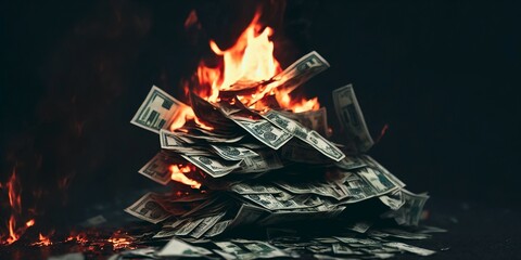 Recession, Burning money. Dollar bills on fire. Generative AI