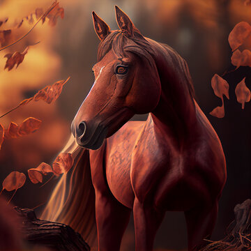 Horse portrait in autumn colors, Head of horse, generative ai