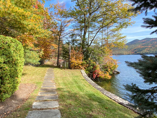 Autumn Path near the Lake and Mountains
