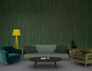 Modern living room with sofa front of the green wall