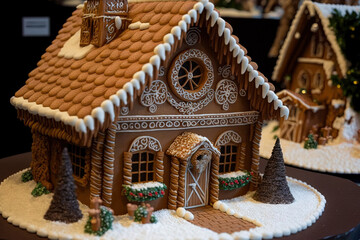 House made of gingerbread at the holiday village at the fair. traditional holiday treat with spices and honey. Generative AI