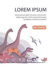 Group of dinosaurs. T rex, brachiosaurus, pteranodon and triceratops. Jurassic animals. Children toys, attraction and entertainment park. Design for poster, banner, website. Cartoon illustration © Mikhail