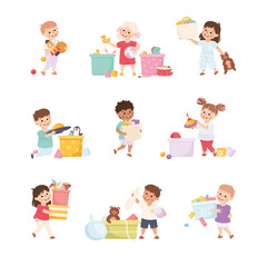 Happy Children Playing Toys in Playroom Having Fun Vector Set