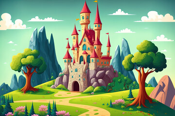 Cartoon scene for kids with a kingdom castle, mountains, a valley, a settlement, and a mine are nearby. Generative AI