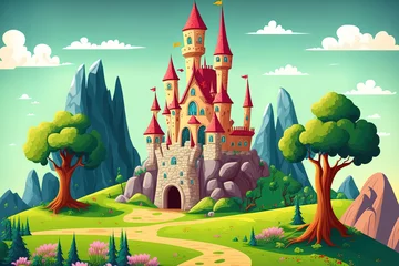 Poster Cartoon scene for kids with a kingdom castle, mountains, a valley, a settlement, and a mine are nearby. Generative AI © 2rogan