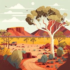 Outback Australia landscape down under, red sandy desert landscape of the australian outback gum with trees, flat illustration