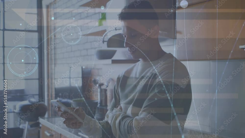 Poster animation of financial data processing over man using smartphone