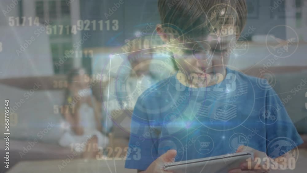 Poster animation of financial data processing over caucasian boy using smartphone