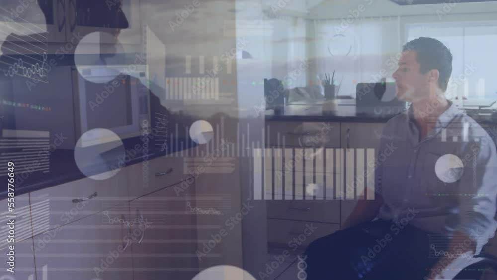 Poster animation of financial data processing over disabled man using smartphone