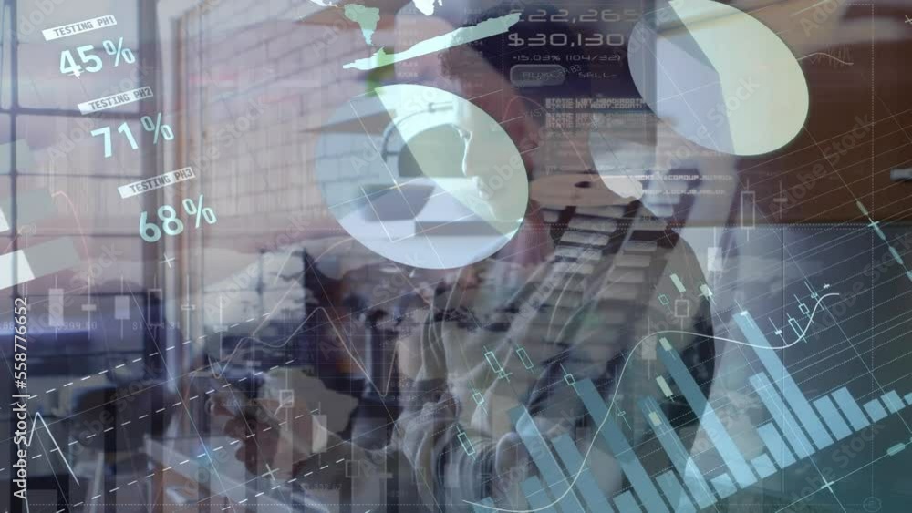 Poster animation of financial data processing over man using smartphone