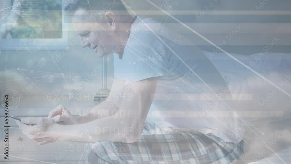Poster animation of financial data processing over caucasian man using smartphone
