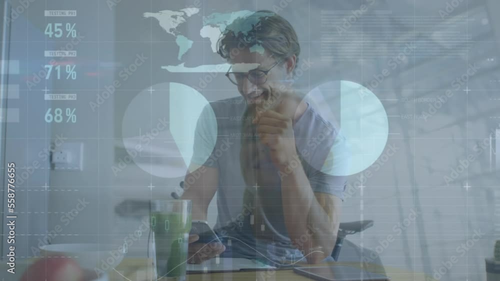 Poster animation of financial data processing over caucasian businessman using smartphone